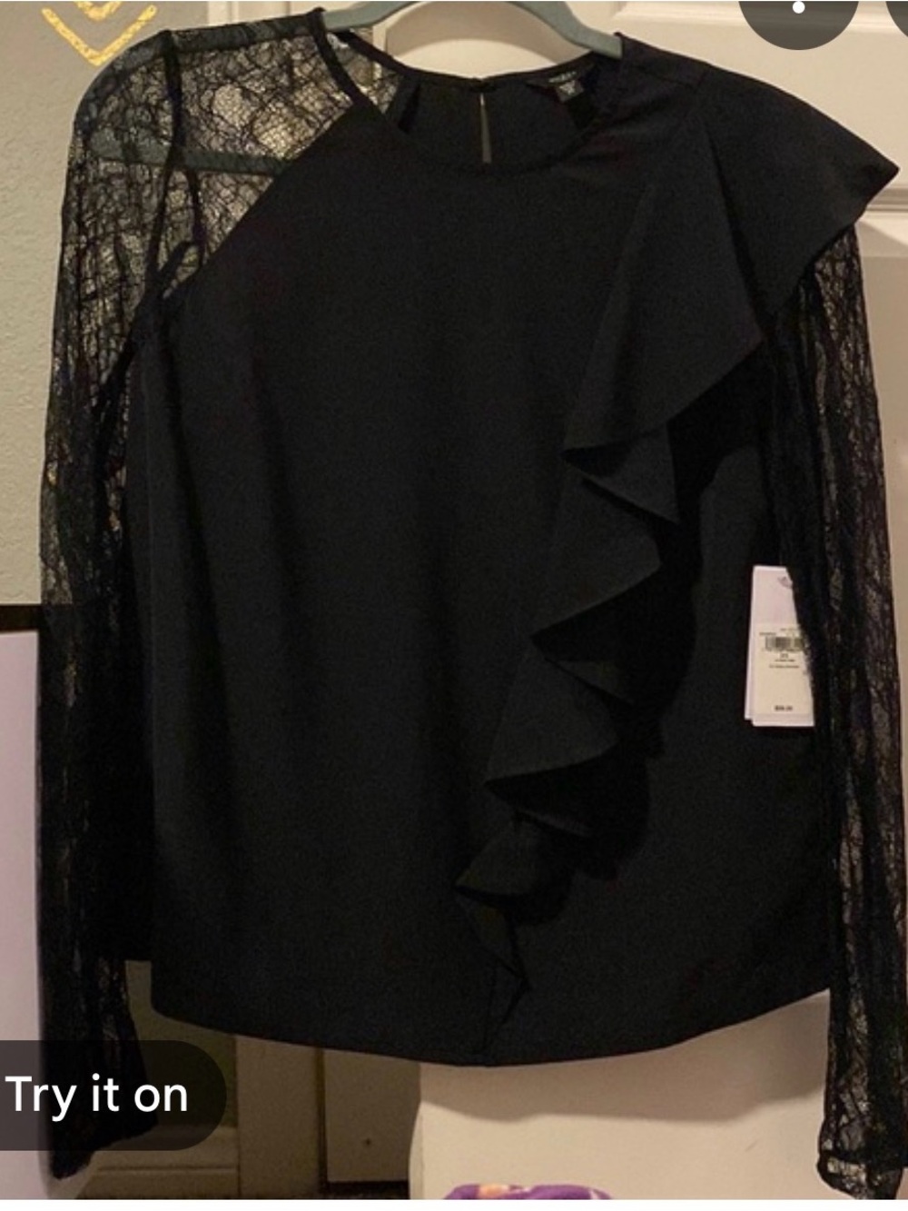 Guess Black Lace-Sleeve Ruffle Front Blouse